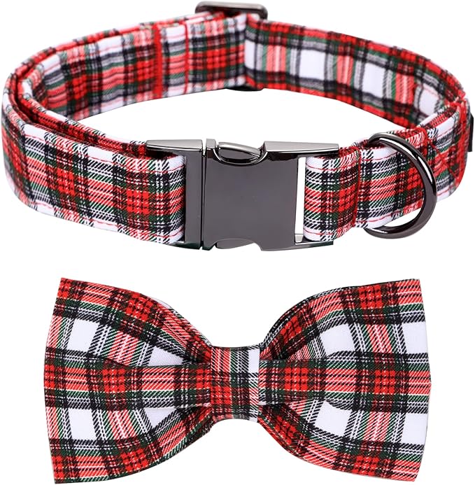 Christmas Dog Collar, Red Plaid Cotton Collars with Bow Adjustable Pet Collar Premium Metal Buckle, Christmas Puppy Necklace for Medium Girl and Boy Dogs