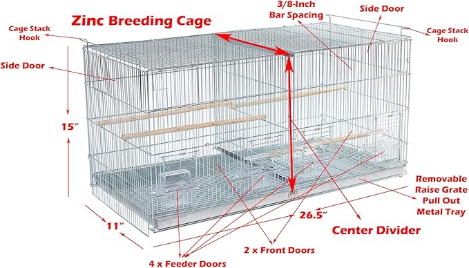 Combo: Galvanized Zinc Plated Stack & Lock Breeder Bird Flight Cage Breeding Nest Door Removable Divider with Rolling Stand (26.5"x11"x15"H-LOT-4-STAND, Galvanized Zinc Plated)