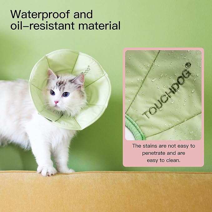 Touchdog Foldable Dog Cone Collar for Cats & Dogs - Adjustable Soft Recovery Collar with Waterproof PU Coating, Lightweight Design, 24.5cm/9.6in Wide Barrier (Green, M)