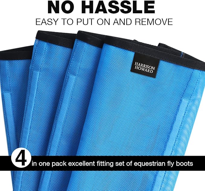 Harrison Howard Loose Fitting Fly Boots UV-Protective Extra Tough Mesh Ventilated Four Fasteners Stay-on Design Protect Horse Legs & Stomp-Reducing Set of 4 Sky Blue Medium