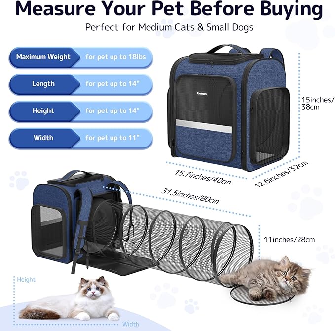 Pawtners Cat Backpack Carrier with Play Tunnel, Expandable Dog Backpack with Breathable Mesh, Pet Carrier Backpack for Small Cats Dogs Up to 18 Lbs, Dog Carrier for Travel Hiking Camping Outdoor Blue