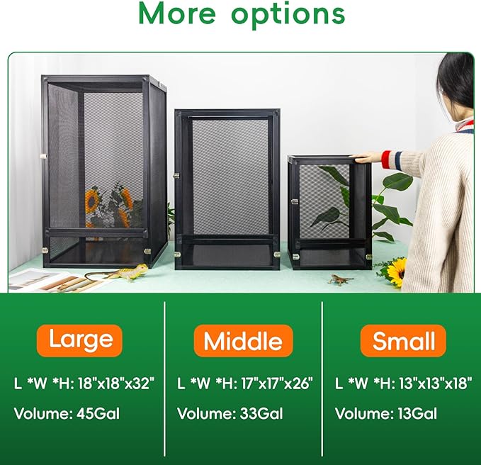 45 Gal Detachable and Foldable Reptile Butterfly Cage Terrarium, 360° Observation, Airflow, Interaction in Gecko Tank for Crested Geckos, Leopard Geckos, Chameleons, Bearded Dragons