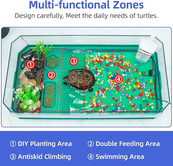 Turtle cage Tortoise Terrarium with Pump＆Filter with Shower Function Easy to Change Water and Clean Water for Turtle Horned Frog Hermit Crab Green, L