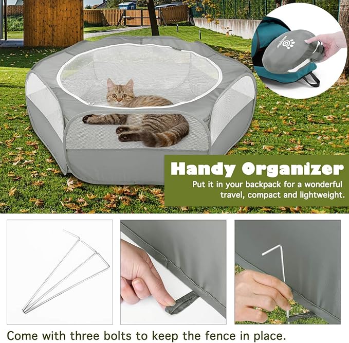 Small Animals Playpen, Waterproof Breathable Indoor Pet Cage Tent with Zipper Cover, Portable Outdoor Exercise Yard Fence for Kitten Hamster Bunny Squirrel Guinea Pig Hedgehog, Gray
