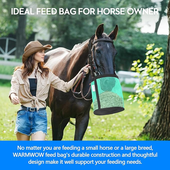 Horse Feed Bag Pack of 2, Feed Bags for Horses with Ventilation Mesh, Comfort Nose Pad Neck Pad, Adjustable Strap, Spill Proof Design for Independent Feeding Grain, Supplements (Mint)