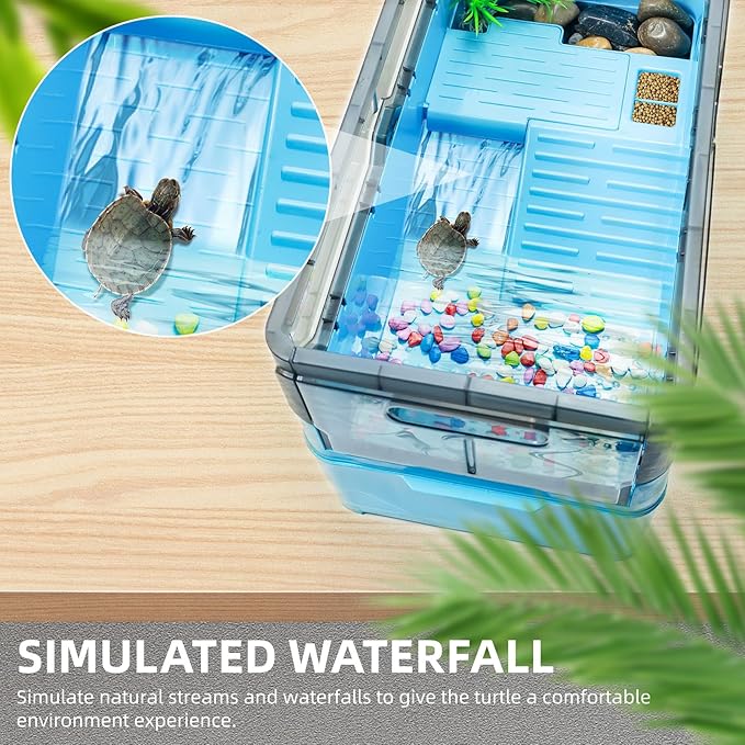 Turtle Tank kit with Filter+Water Pump+Heat lamp, Wheels, Easy to Move, Imitate The Natural Flows, Suitable for Small Turtle Horned Frog Hermit (L, Blue)