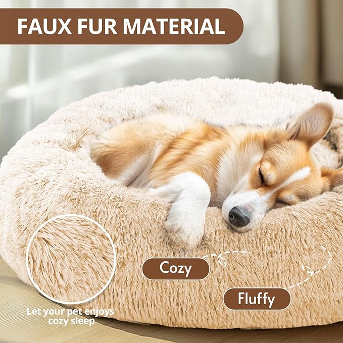 JOLLYVOGUE Calming Dog & Cat Bed for Small Dogs, Anti-Anxiety Donut Cuddler Cozy Soft Round Bed with Anti-Slip Bottom, Fluffy Faux Fur Plush Cushion Beds for Small Medium Dogs (20")