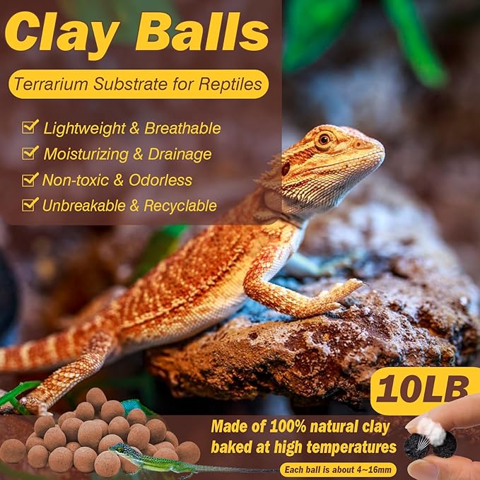 ZeeDix Reptile Substrate Leca Balls - 10LBS Organic Expanded Clay Pebbles, Bioactive Terrarium Bedding for Reptile Tank Habitat Accessories, Ideal for Bearded Dragon, Tortoise, Gecko, Snake & Frog