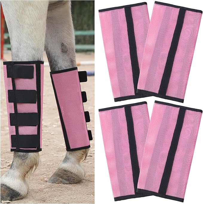 Horse Fly Boots Set of 4 - Non-Slip Leg Guards Extra Tough Mesh Ventilated, Adjustable Horse Fly Leggings Reduce Stomping & Hoof Stress & Leg Fatigue Pink Small
