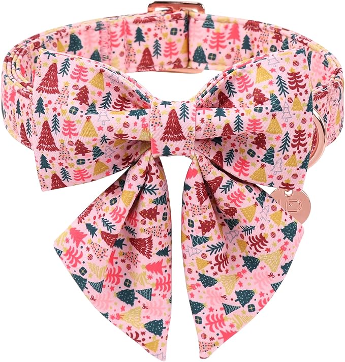 Christmas Dog Collar with Bow Tie, Pink Christmas Tree Collars for Dogs, Adjustable Pet Collar with Cute Xmas Tree Pendant, Winter Dog Accessories for Small Medium Large Dogs S