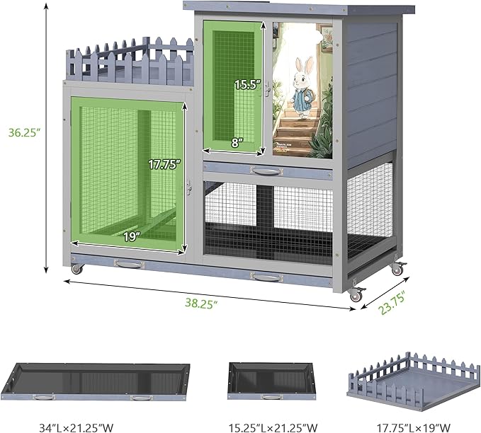 COZIWOW Double Layers Durable 38In Rabbit Hutch Indoor on Wheels, Small Animal Houses Habitat, Rolling Large Bunny Cage Outdoor with Removable Tray, Ramp, Two Story Bunny Cage（Grey with Pattern）
