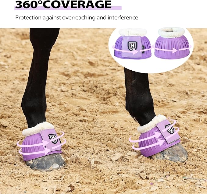 Harrison Howard Rubber Pull-on Bell Boots with Fleece Lining and Extra-Large Leather Touch-Close Tape Hoof Overreach Protection for Horses Sold in Pairs Violet XL
