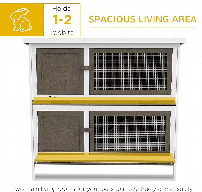 PawHut Wooden Bunny Rabbit Hutch, Small Animal Habitat with Ramp, Removable Tray & Weatherproof Roof, for Rabbits, Chickens, Ducks, Indoor/Outdoor, Brown