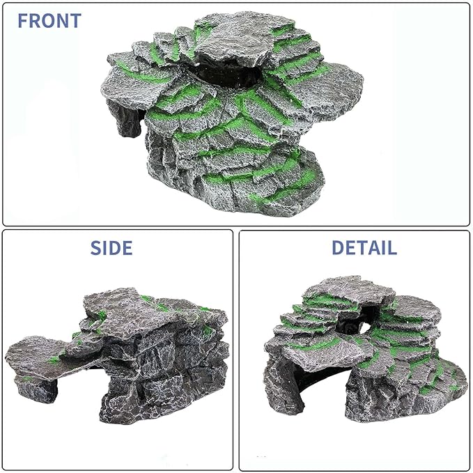 Turtle Basking Platform, Reptile Habitat Hideout, Decorative Resin for Aquarium & Terrarium, Including Artificial Plant and Cleaning Brush.(C-Medium-Black)