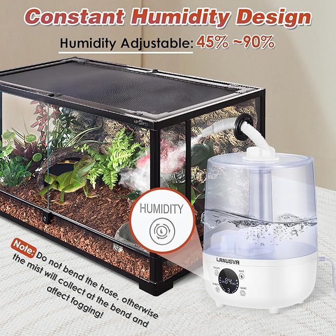 LANUEVA Reptile Humidifier with Humidity Control, Reptile Fogger with 4L Large Tank & Telescopic Hose for Terrariums, Remote Control & Touch Screen, Timing Function, for Reptiles, Green Plants (4L)