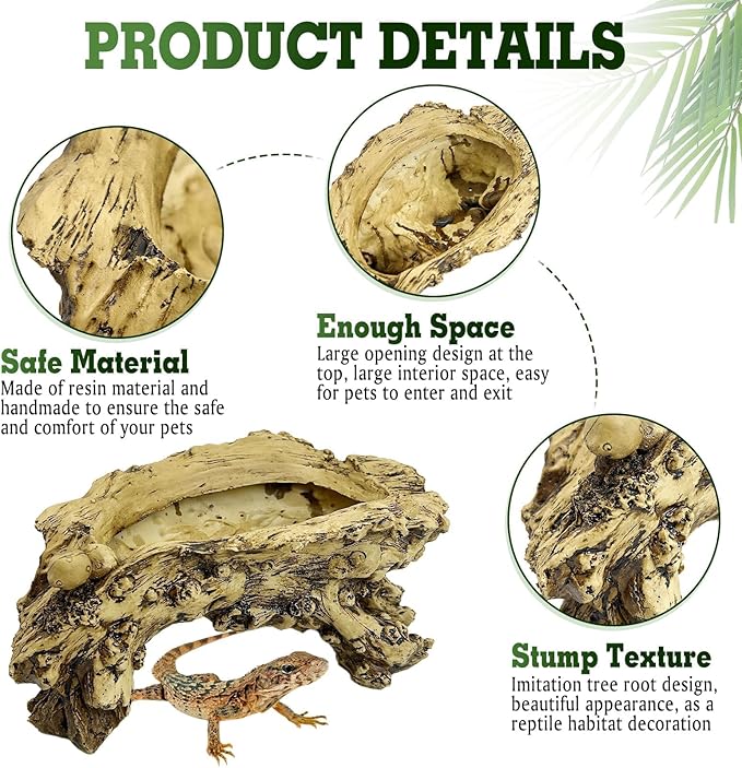 Hamiledyi Gecko Tank Accessories Reptile Hide Cave Resin Bark Reptile Hideouts Simulation Tree Trunk Hideout Terrarium Decor for Hermit Crabs Leopard Gecko Lizard Bearded Dragon (11.81" L x 4.72" H)
