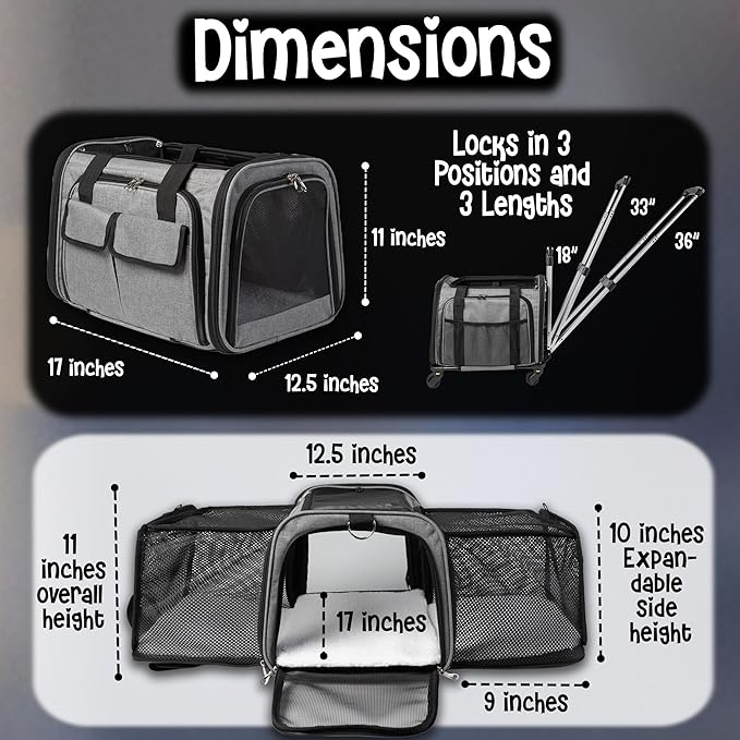 Pet Carrier with Wheels | Delta American Frontier Airline Approved | Two Expandable Sides, Storage Pockets Adjustable Leash | Rolling Dog and Cat Carrier TSA Compliant (Light Grey 17x12.5x11)