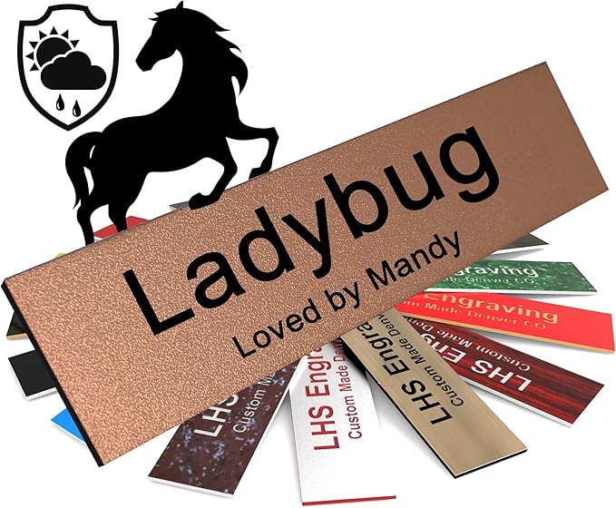 Horse Stall Name Plate, 2x12 Personalized Stall Signs, UV Protected, All Weather Adhesive, Hanging, Mounting or Other, Textured Copper Plastic Black Letters - Made in USA - M2