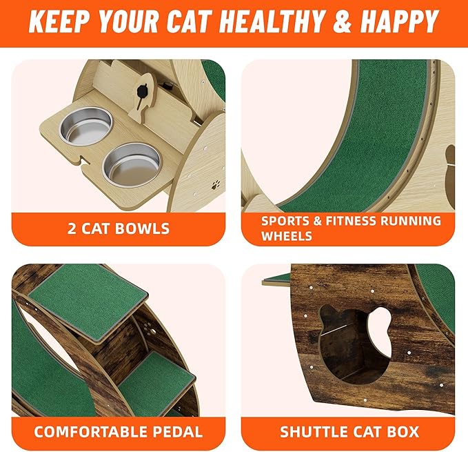 GarveeLife Cat Exercise Wheel for Indoor Cats, Cat Treadmill with Bowls, Scratch Post & Detachable Carpet, Large Quiet Cats Running Wheel for Kitties Endless Fun & Fitness Brown
