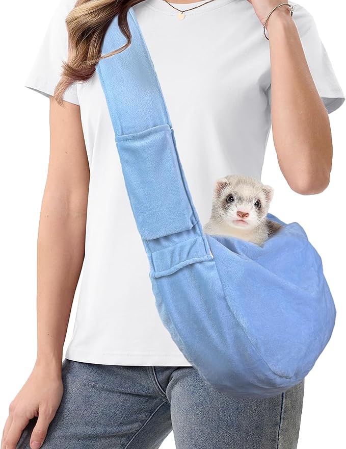 Ferret Sling Carrier, Small Pet Bag with Adjustable Strap, Cozy Bunny Carrying Travel Cuddler, Hands-Free Bonding Pouch Front for Guinea Pig Puppy Kitten, Small Animal Accessories for Outside-Blue