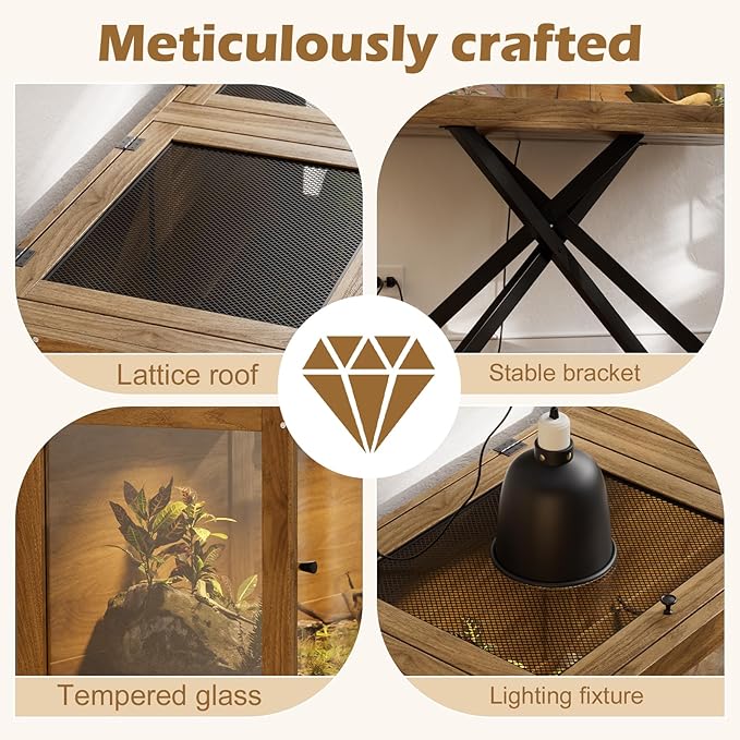 PAKASEPT 80 Gallons Bearded Dragon Tank with Reptile Light Fixture,Tempered Glass Reptile Enclosure with Metal Mesh Top,Snake/Lizard Tank with Leg for Chameleon,Tortoise,Hecko,Brown