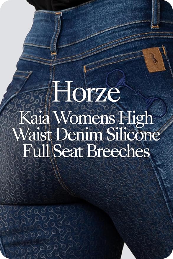 HORZE Kaia Womens Denim Horse Riding Pants | High Waist Silicone Full Seat Breeches | Accurate Size Chart