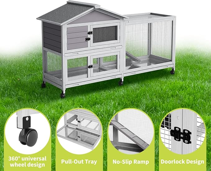 Bunny Cage with Weatherproof Roof, Rabbit Cage with 6 Lockable Caster Wheels & Pull-Out Tray, Rabbit Hutch for Indoor Outdoor Use, Grey（63.2" l x 22.4" w x 37"）