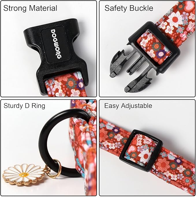 DOGWONG Red Flower Dog Collar, Cute Adjustable Floral Collar, Girl Female Dog Collar with Strong Plastic Buckle for Small Medium Large Dogs,L