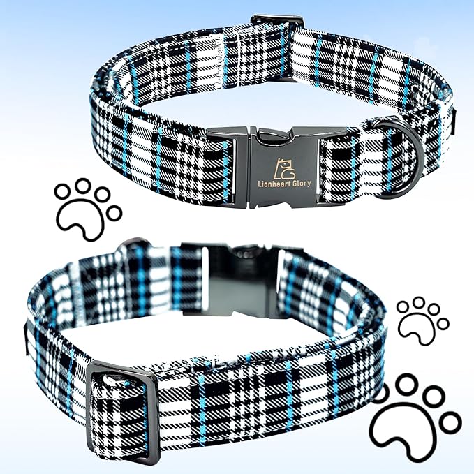 Lionheart glory Dog Bow Collar Blue and Black Plaid Dog Collar for Large Dogs,Boy Dog Collars with Bowtie Spring Summer Collars Soft Adjustable Pet Collar Bows