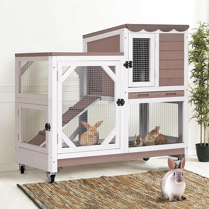 Gutinneen 2-Story Rabbit Hutch Bunny cage Wooden Rabbit Cage Indoor/Outdoor with Chew-Proof Ramp, 2 Leak-Proof Pull-Out Trays, Lockable Wheels for Rabbits, Guinea Pigs, Small Animals (Brown and White)