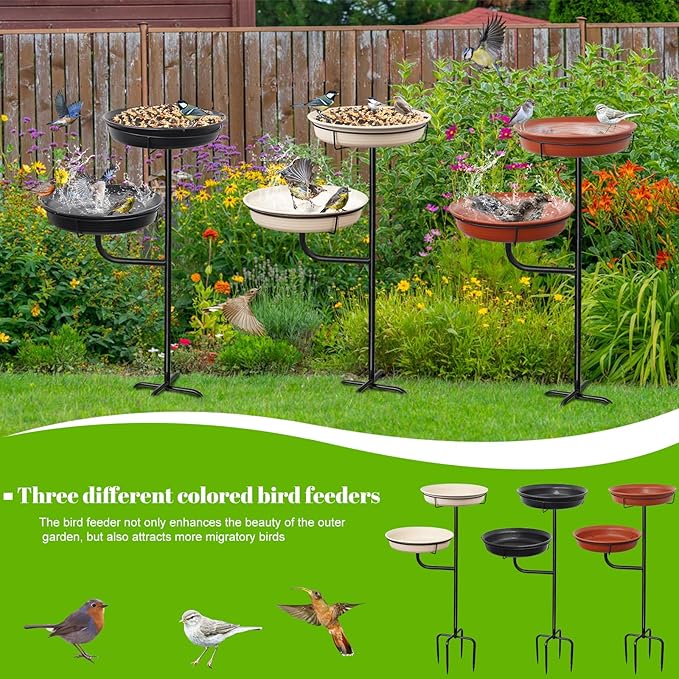 Freestanding Birdbaths Bowl Outdoor, Standing Garden Bird Bath Bird Feeder & Bird Bath Bowl, Detachable Decoration Spa Birdfeeder for Garden Patio Yard Lawn, 4 Spiky Metal Stake (Black)