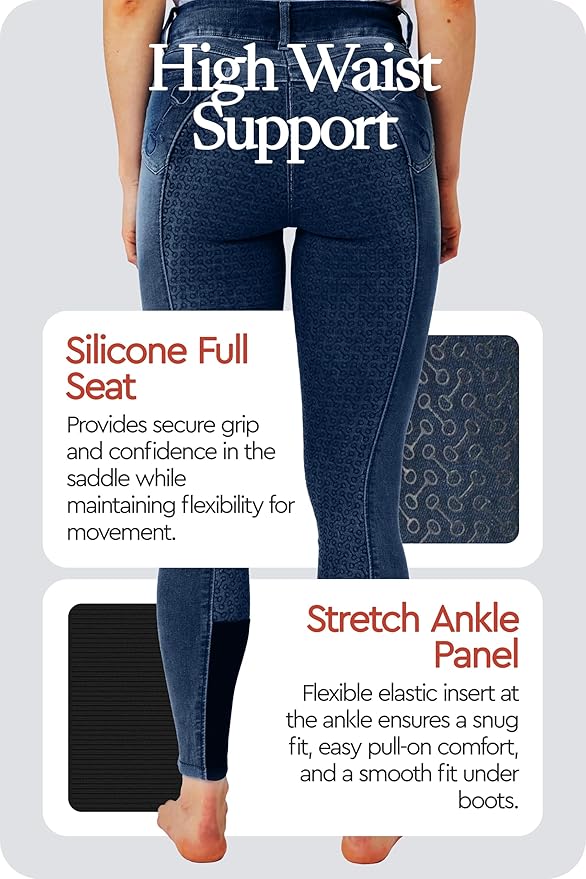 HORZE Kaia Womens Denim Horse Riding Pants | High Waist Silicone Full Seat Breeches | Accurate Size Chart