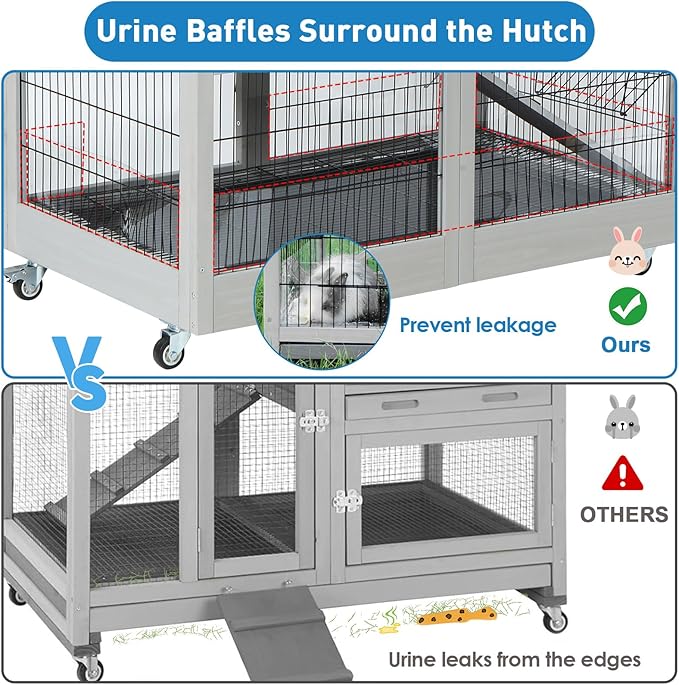Rabbit Hutch Indoor Outdoor Bunny Cage with Urine Guards 2 Storey Mobile Guinea Pig Cage Weatherproof Asphalt Roof Wire Bottom 2 Trays