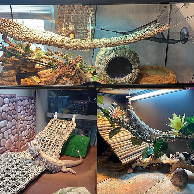 Tfwadmx 2Pcs Large Bearded Dragon Hammock Lizard Lounger Natural Seagrass Fiber Reptile Habitat Decor with Leaves Rattan Plant for Geckos Snakes