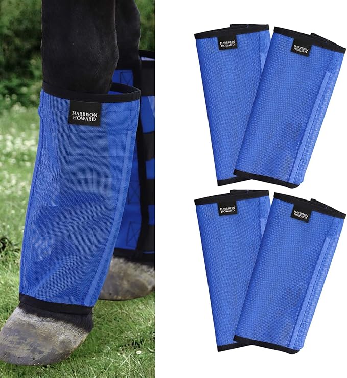 Harrison Howard Loose-Fitting Horse Fly Leggings Breathable, Tear-Resistant Fine Mesh Leg Guards Stay-on Comfortable Fly Boots (Set of 4) Blue Large
