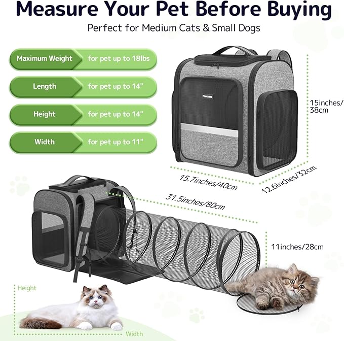 Pawtners Cat Carrier Backpacks with Play Tunnel, Expandable Cat Backpack with Breathable Mesh, Pet Carrier Backpack for Small Cats Dogs Up to 18 Lbs, Dog Backpack for Travel Hiking Camping Outdoor