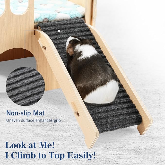 Pawaboo Guinea Pig and Hamster House, 2-in-1 Guinea Pig Hideout with Stairs and Cushion, Sturdy Wooden Hamster Castle Easy to Assemble, Detachable Small Animal House Bed Hut Habitats with Ramps