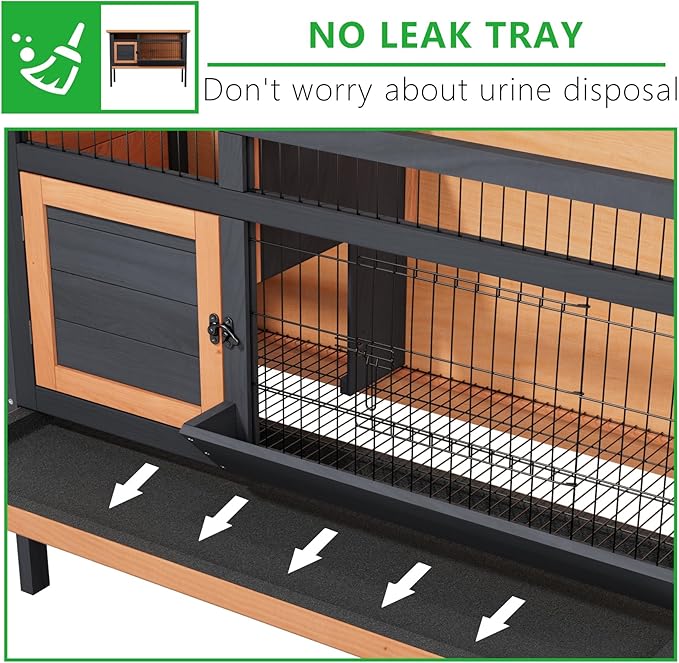Rabbit Cage Elevated Bunny Hutch Indoor Outdoor,Wooden Chicken Coop Rabbit Hideout with Pull Out Tray,Feeding Trough,Metal Wire Pan and Openable Water-Resistant Asphalt Roof for Small Animals(Brown)