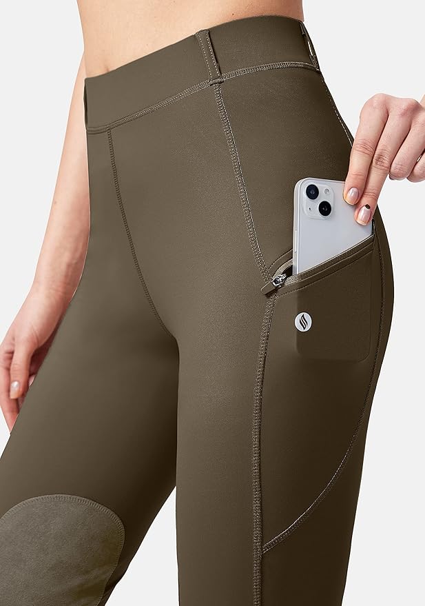 SANTINY Women's Horse Riding Pants with Zipper Pockets Knee-Patch Schooling Tights Equestrian Breeches for Women