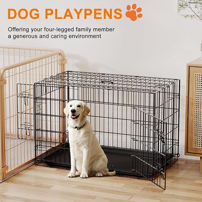 FDW Dog Crate 36inch Dog Cage Foldable Metal Kennel with Leakproof Tray Foldable Design Indoor Outdoor Use for Medium Dogs,Black