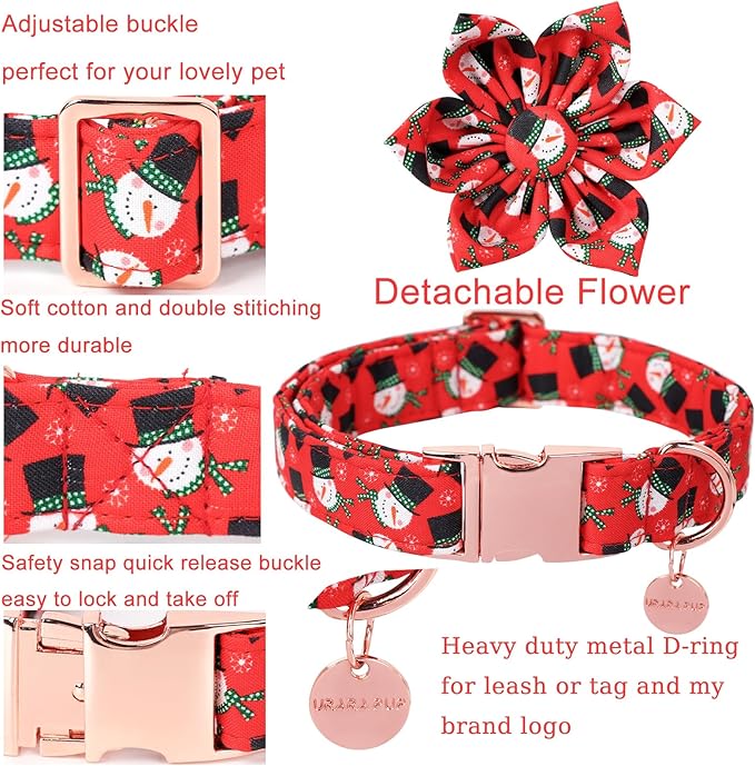 Christmas Dog Collar with Flower, Christmas Flower Collar for Puppy Girl Boy Dog or Cat, Comfortable Dog Collar Flower with Durable Metal Buckle, Cute Pet Collar, M