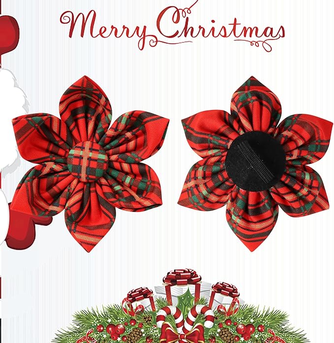 Christmas Dog Collar with Flower, Cotton Christmas Plaid Collar for Medium Girl Boy Dog,Red &Green Plaid Dog Collar Bowtie with Durable Metal Buckle,Adorable Pet Collar,L,Neck 16-24in