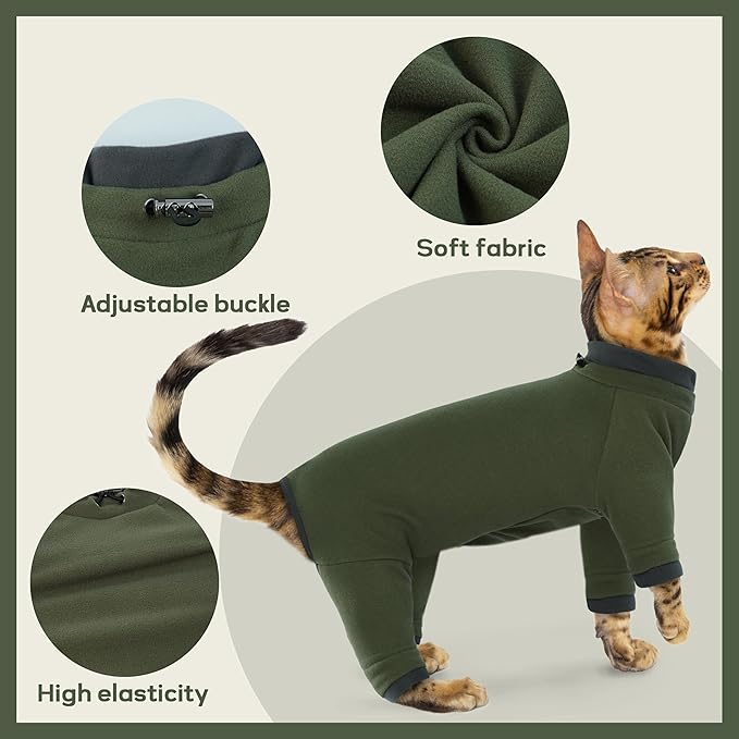 PUMYPOREITY Sticky Hair Cat Clothes, Prevent Hair Loss Cat Pajamas, Soft Cat Sweaters for Cats Only, Cat Hair Sticky Onesie, Cat Recovery Suit After Surgery, Green, 2XL