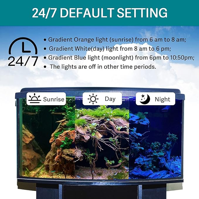hygger 24/7 Mode Submersible Aquarium LED Light, Full Spectrum Hidden Fish Tank Light with 3 Rows Beads 7 Colors Auto On Off Sunrise-Daylight-Moonlight, Adjustable Timer Brightness 10W