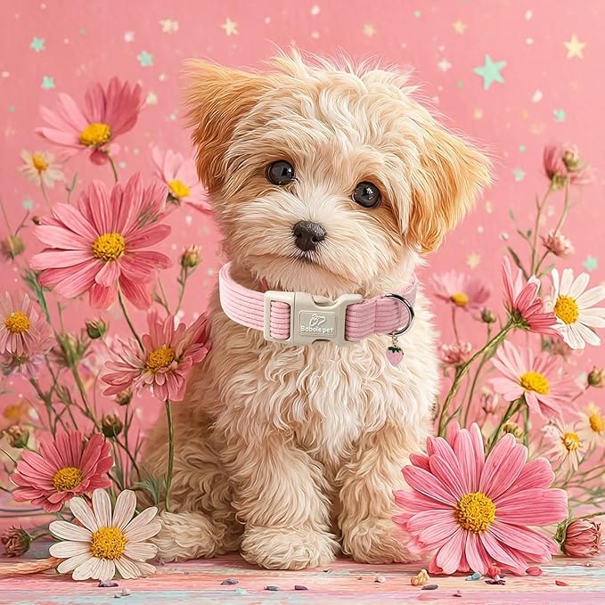 Cute Corduroy Dog Collar - Pink Adjustable Dog Collars for Small Dogs 10-25lbs, Fade-Proof with Secure Snap & Little Charm, Christmas Birthday Gift, S