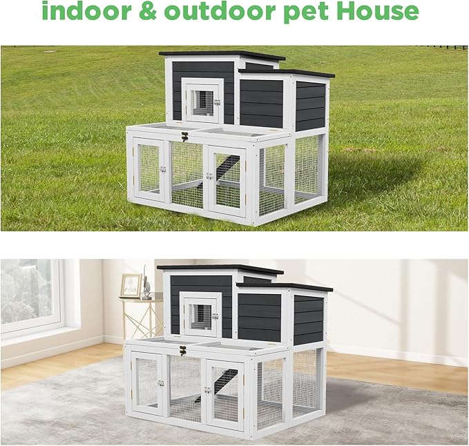 Chicken Coop Outdoor Wooden for 2-4 Chickens with Asphalt Waterproofing Roof, Runways, Pull-Out Trays and Openable Top for Backyard and Indoor (Black and White)