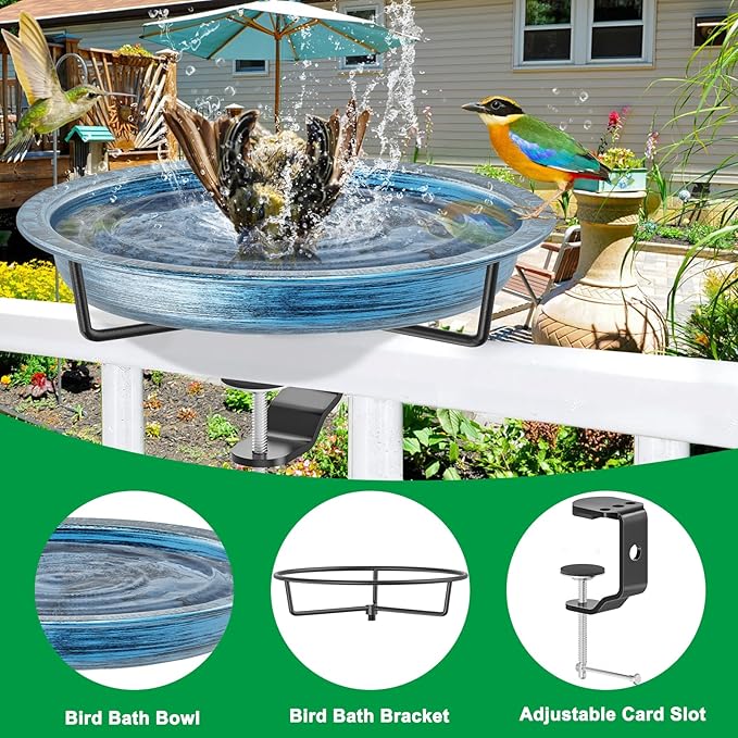 Deck Mounted Bird Bath Outside, Detachable Birdbath Bowl with Sturdy Clamp, Outdoor Bird Baths Bowl for Attracting Birds Garden Yard Decor (Retro Blue)