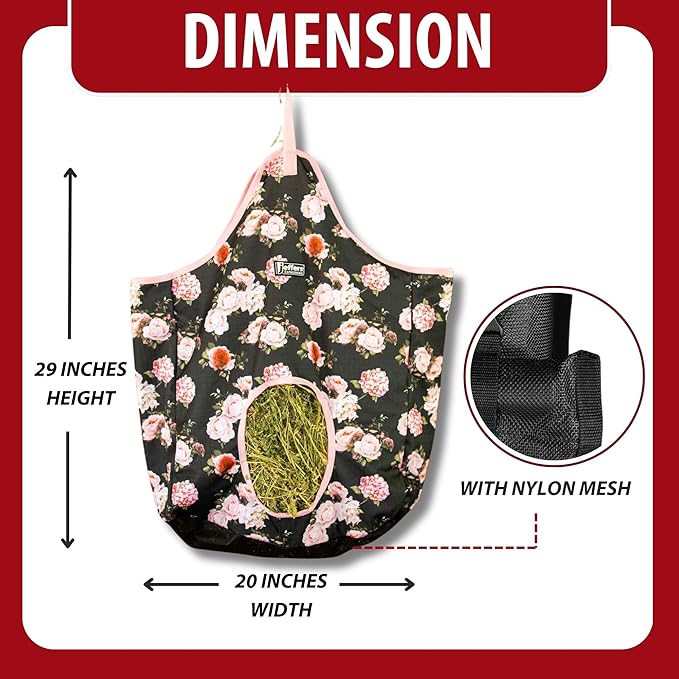 Jeffers Expression Top Loading Hay Bag for Horses & Livestock – Durable 600 Denier, Water Resistant Hay Feeder with Mesh Bottom for Stall, Trailer & Travel – Horse Feeding Supplies - Rose Garden