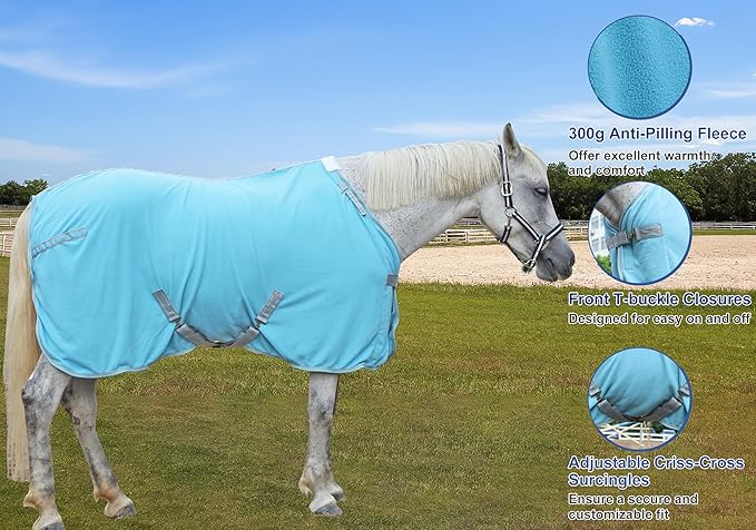 Horse Fleece Cooler, Blanket Liner - 300g Anti-Pilling Fleece, Moisture-Wicking, Cooling & Drying for Post-Workout, Bath & Travel, Prevent Overheating & Chilling Lightblue 66