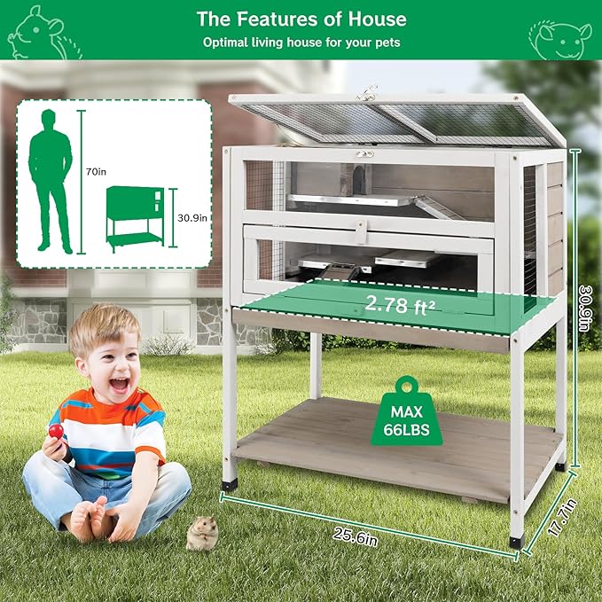 PetsCosset Guinea Pig Cages Wooden Hamster Cage Indoor with Stand and Storage Outdoor Small Animals Habitat with Metal Edges Ramps Hideout House,No Leak and Pull Out Tray, Easy Clean